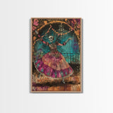 Skeleton Dancer in a Vibrant Dress Celebrates Halloween, Bringing Spooky Charm to Your Halloween Wall Art Collection