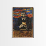 Spooky Artwork of a Man Eating a Hamburger, Inspired by the Scream, Ideal for Adding a Touch of Horror and Humor to Halloween Decor