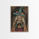 The Witch and Her Pancakes, Breakfast Witch, Framed Canvas Print, Funny Halloween Art