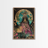 Spooky Witch with Cauldron Under Full Moon Framed Canvas Print | Halloween Witch Art | Witch Decor for Home | Magical Halloween Artwork