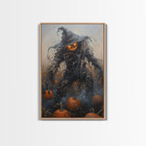 Haunting Scarecrow Holding Pumpkin in Misty Field | Halloween Wall Art | Spooky Home Decor | Creepy Scarecrow Painting | Framed Canvas Print