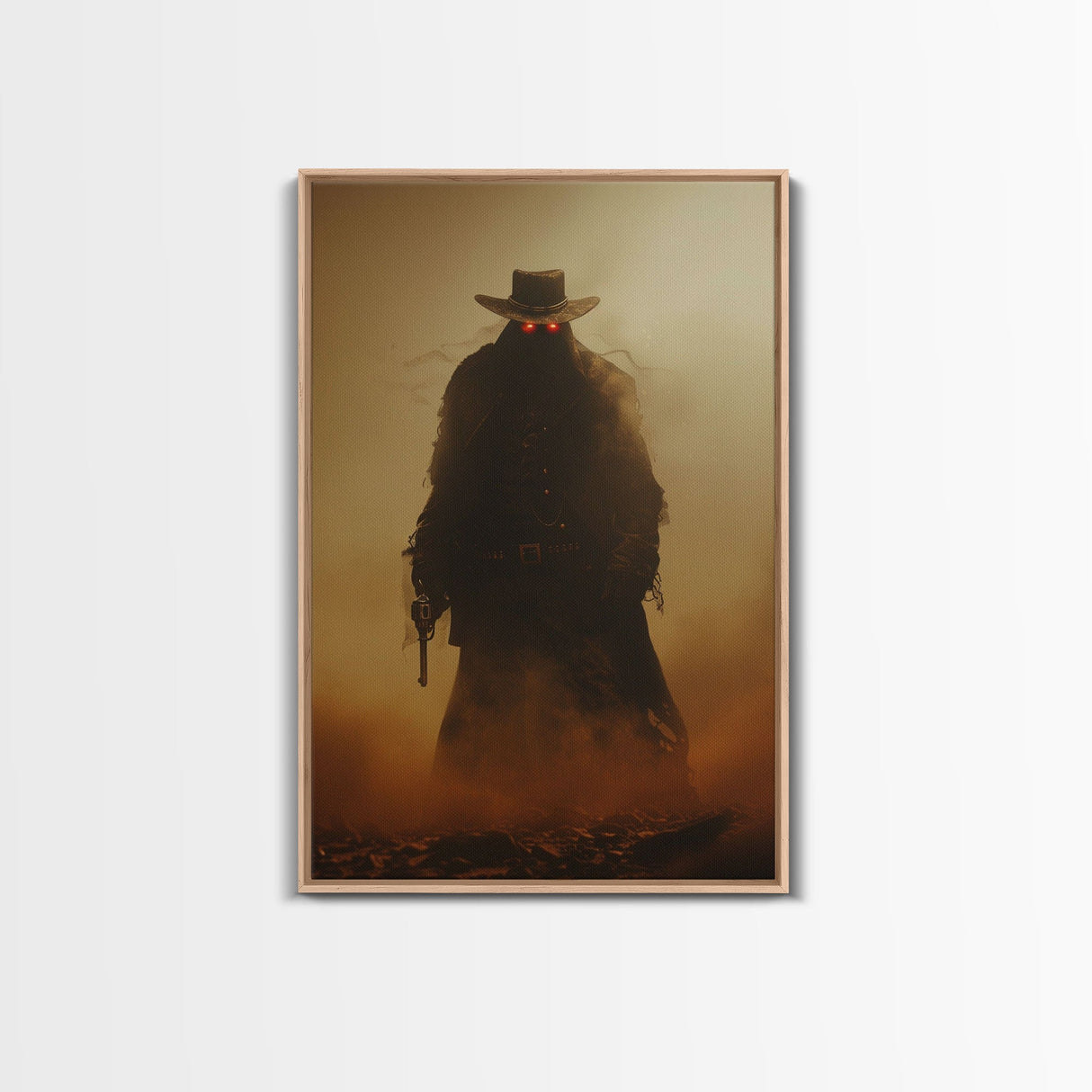 Mysterious Cowboy with Glowing Red Eyes in Desert | Halloween Wall Art | Spooky Home Decor | Creepy Cowboy Painting | Framed Canvas Print