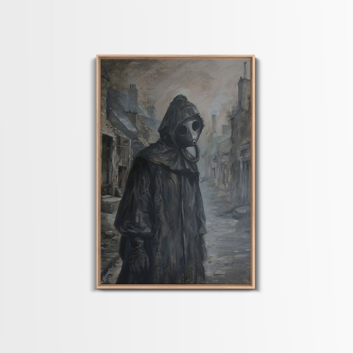 Plague Doctor in Abandoned Town | Halloween Wall Art | Spooky Home Decor | Creepy Plague Doctor Painting | Framed Canvas Print