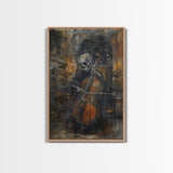 Skeleton Cellist in Gothic Cathedral | Halloween Wall Art | Spooky Home Decor | Creepy Skeleton Musician Painting | Framed Canvas Print