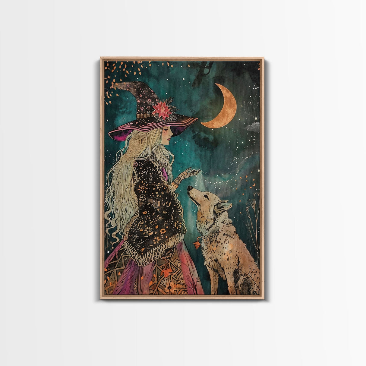 Mystical Witch and Wolf Under Crescent Moon - Halloween Wall Art - Spooky Home Decor - Perfect Halloween Gift - Witch and Wolf Painting