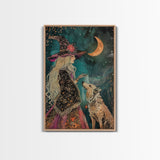 Mystical Witch and Wolf Under Crescent Moon - Halloween Wall Art - Spooky Home Decor - Perfect Halloween Gift - Witch and Wolf Painting