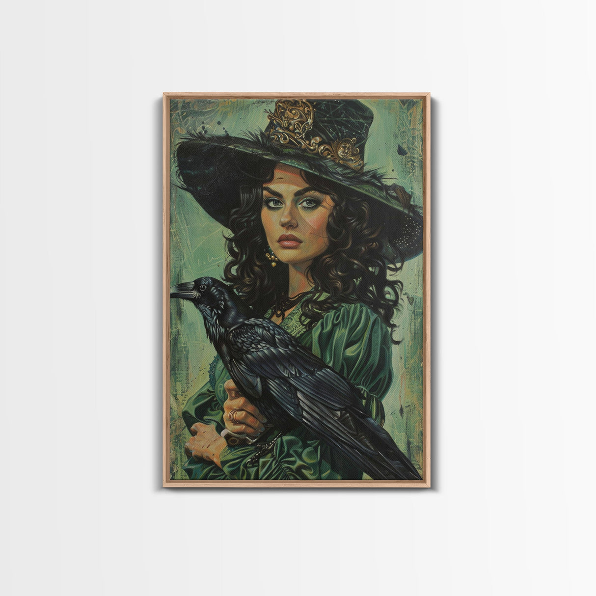 Raven Witch in Green Dress - Halloween Wall Art - Spooky Home Decor - Witch and Raven Painting - Gothic Halloween Decoration