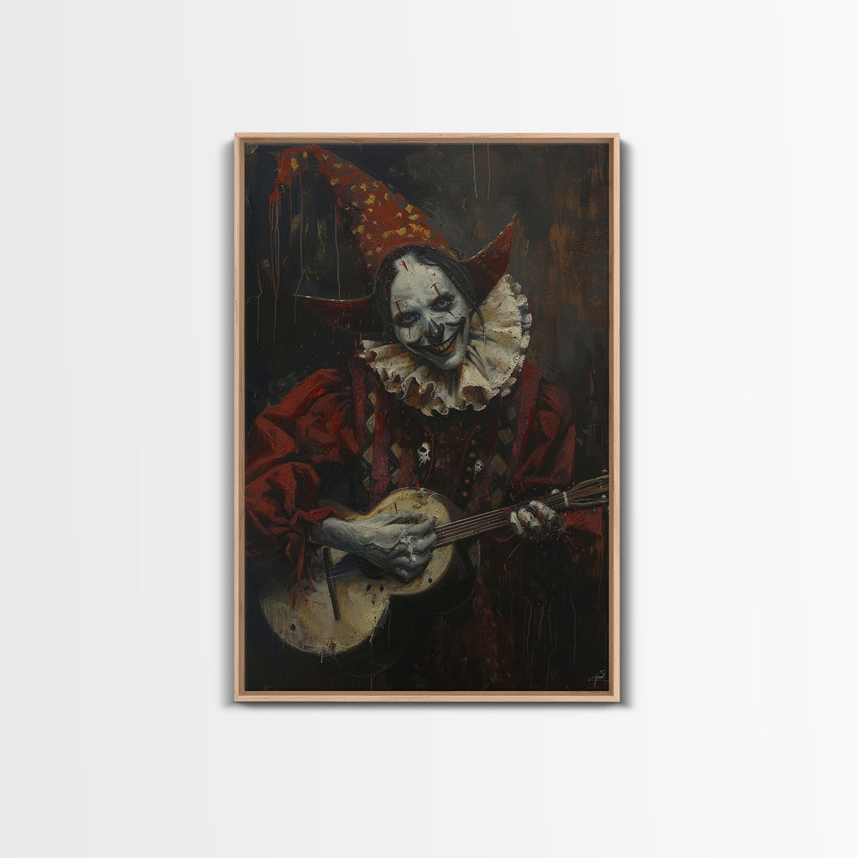 Creepy Clown Playing Guitar, Framed Canvas Print, Spooky Circus Art, Halloween Wall Decor, Horror Clown Illustration, Creepy Home Decor