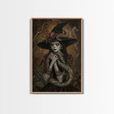 Mysterious Witch Holding Snake, Framed Canvas Print, Gothic Witch Art, Dark Fantasy Decor, Witch and Serpent, Halloween Accessories