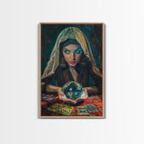 Enchanting Fortune Teller with Crystal Ball Under Moonlight - Mystical Witchcraft Framed Canvas Print, Halloween Gothic Home Decor