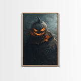 Menacing Pumpkin Head Monster Emerging from Fog - Creepy Halloween Horror Artwork Framed Canvas Print, Spooky Gothic Home Wall Decor
