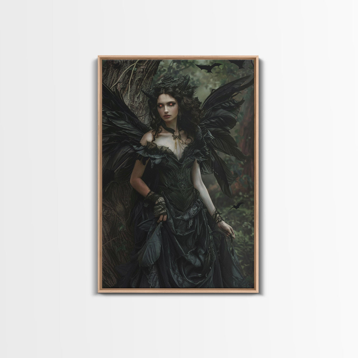 Dark Angel with Glowing Eyes in Haunted Forest - Mysterious Gothic Framed Canvas Print, Halloween Wall Art Decor
