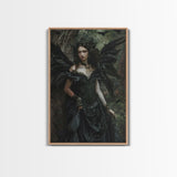 Dark Angel with Glowing Eyes in Haunted Forest - Mysterious Gothic Framed Canvas Print, Halloween Wall Art Decor