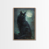 Sinister Black Cat with Green Eyes Under Moonlight - Spooky Halloween Artwork Framed Canvas Print, Gothic Home Wall Decor