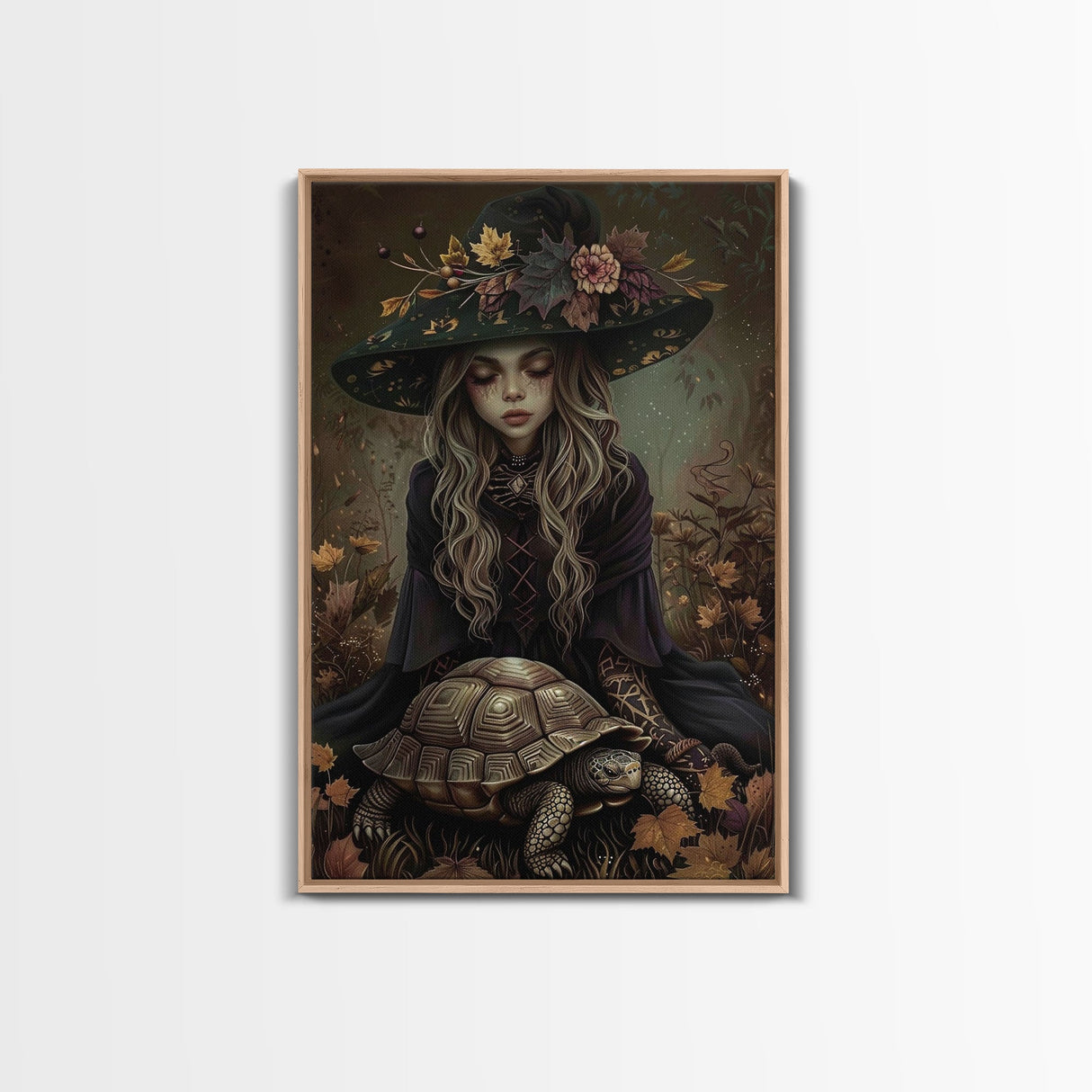 Mystical Witch with Deer in Enchanted Forest - Halloween Art Framed Canvas Print, Spooky Home Wall Decor