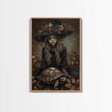 Mystical Witch with Deer in Enchanted Forest - Halloween Art Framed Canvas Print, Spooky Home Wall Decor