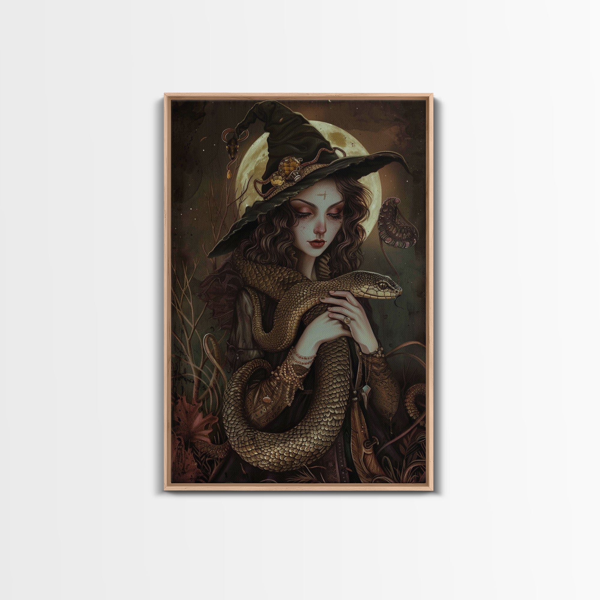 Witch Holding Snake under Full Moon - Dark Forest Sorcery Gothic