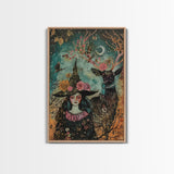 Elegant Witch with Tortoise - Halloween Art, Gothic Art, Spooky Decor, Dark Nature Art, Haunting Portrait, Framed Canvas Print