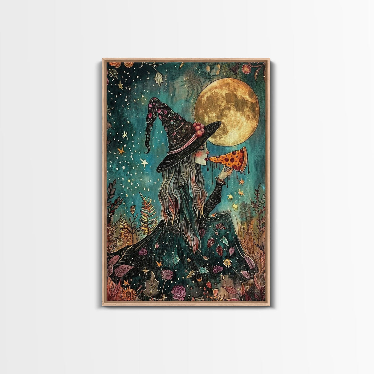 Spring Witch and Her Slice Of Pizza, Framed Canvas Print, Cute / Funny Halloween Art