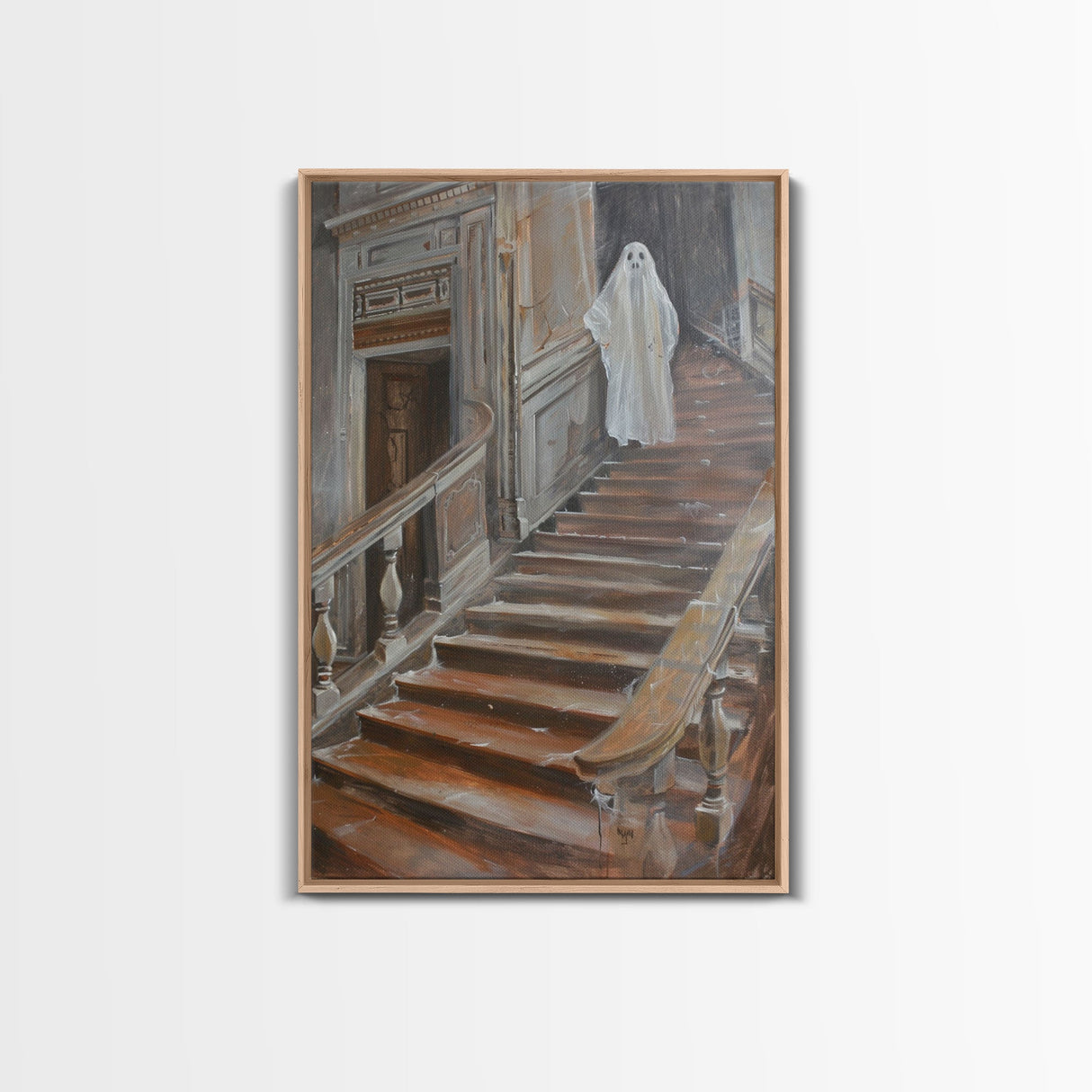 Ghost On Stairs Canvas Print - Halloween Art, Spooky Home Decor, Ghost Wall Art, Haunted House Decor, Halloween Decor, Framed Canvas Print