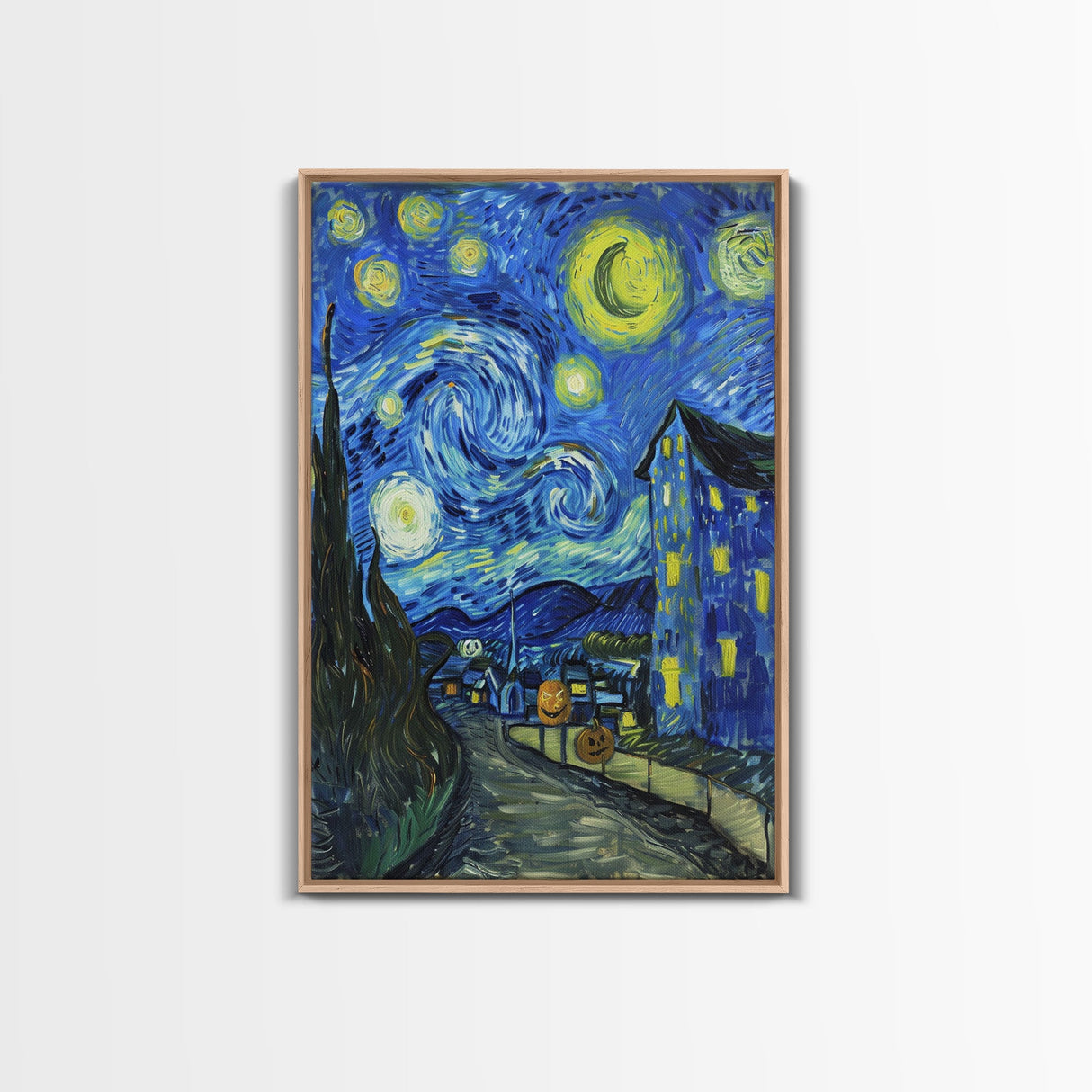Starry Night Inspired Haunted Halloween Village Framed Canvas Print, Van Gogh Inspired, Spooky Season Halloween Art