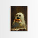 Cute Ghost Chompin on A Hot Dog, Ghostly Hot Dog Thief, Framed Canvas Print, Funny Halloween Spooky Season Art