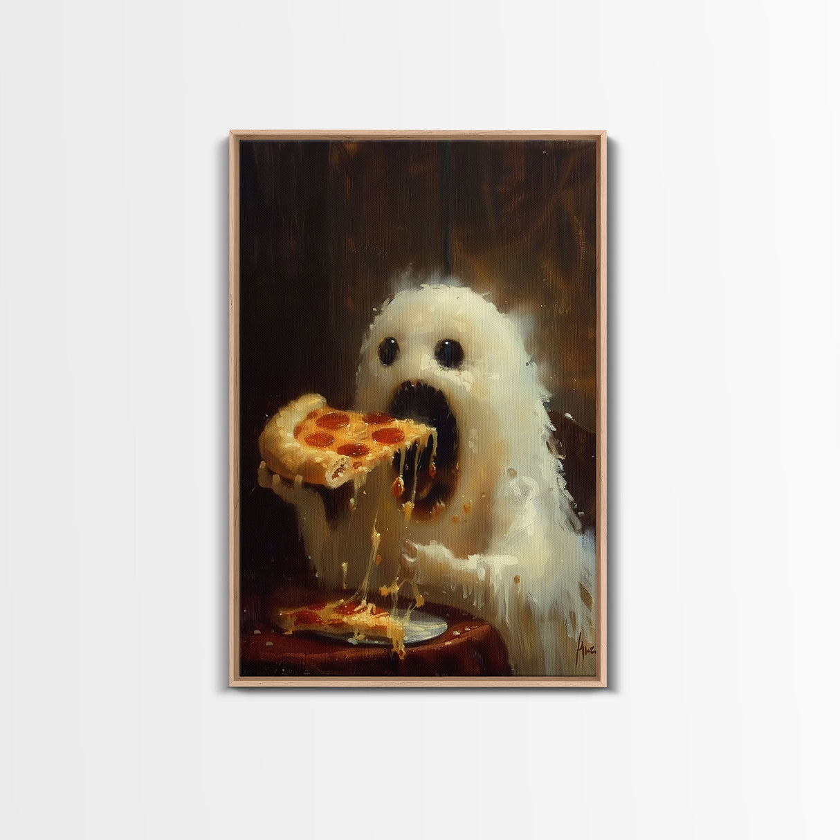 Cute Ghost Chompin on A Pizza, Ghostly Pizza Pirate, Framed Canvas Print, Funny Halloween Spooky Season Art