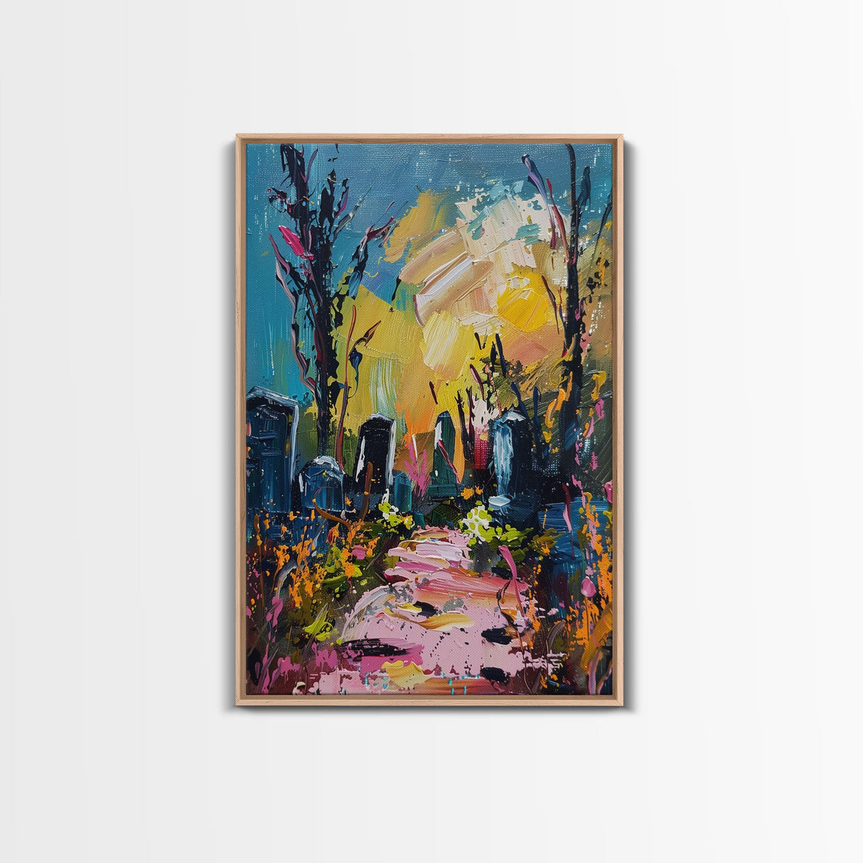 Colorful Haunted Cemetary, Springtime Halloween Mashup, Spooky Season Vibes, Framed Canvas Print, Haunted Graveyard