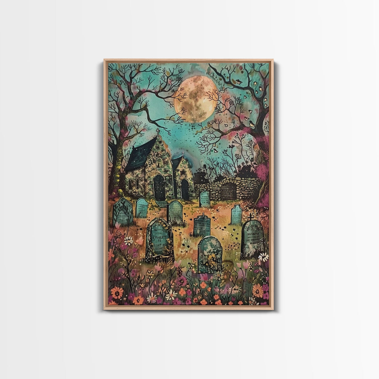 Haunted Churchyard Framed Canvas Print, Halloween Art, Gothic Cemetery, Spooky Church, Haunted Scene, Eerie Moonlight, Halloween Decor
