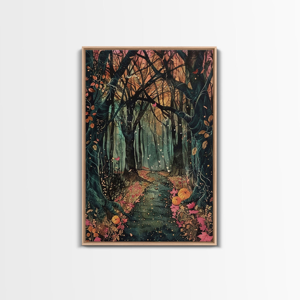 Haunted Pathway Through the Woods Framed Canvas Print, Spooky Forest Art, Halloween Night Scene, Mysterious Path Decor, Framed Canvas Print