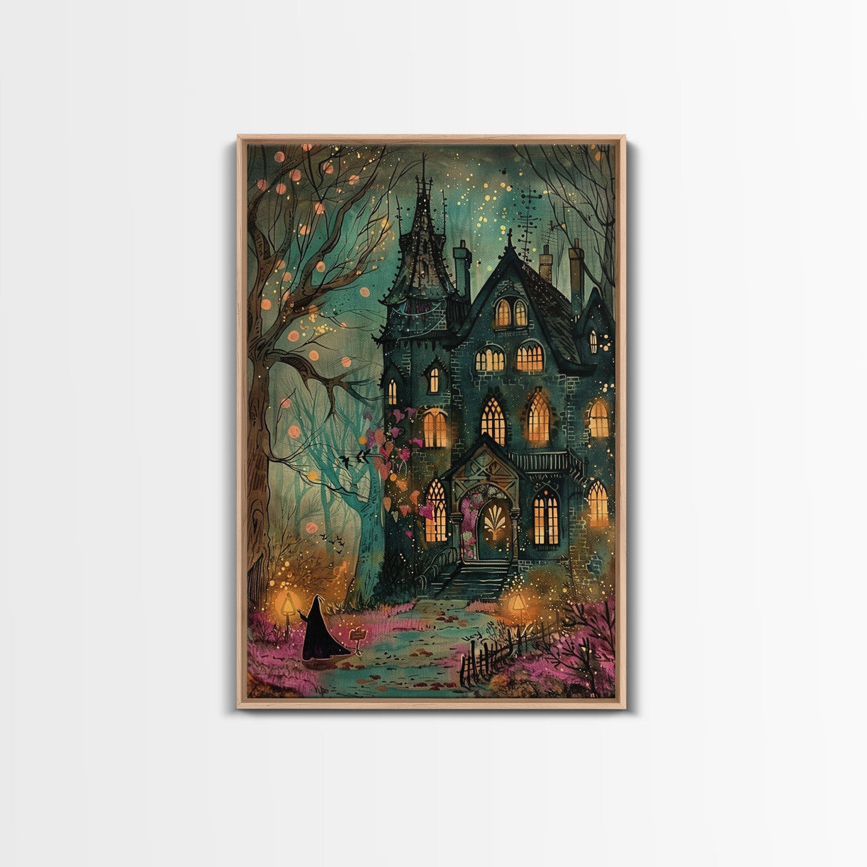 Haunted Mansion On Halloween, Framed Canvas Print, Spooky Vibes Wall Art