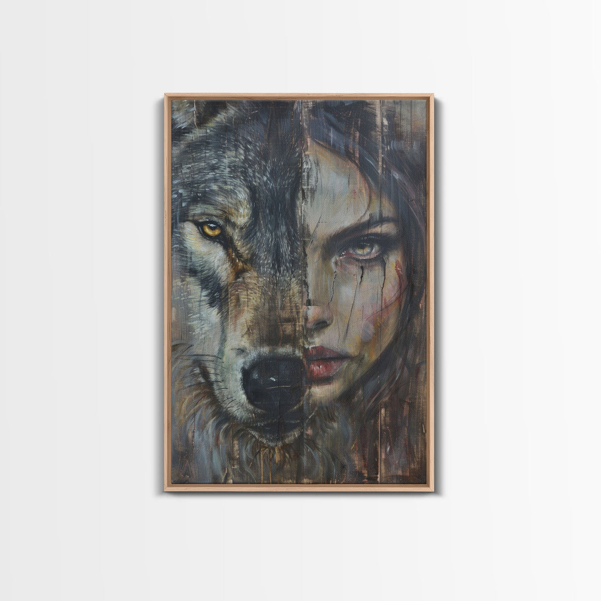 Half Witch Half Wolf, Double Exposure, Unique Halloween Art Framed Canvas Print, Halloween Products, Spooky Witch Poster Art