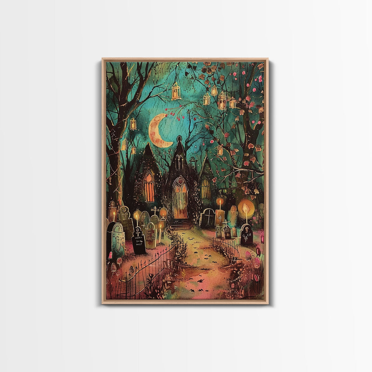 Gothic Churchyard with Moon and Lanterns Framed Canvas Print, Wall Art, Spooky Home Decor, Halloween Cemetery, Gothic Art, Haunted Graveyard