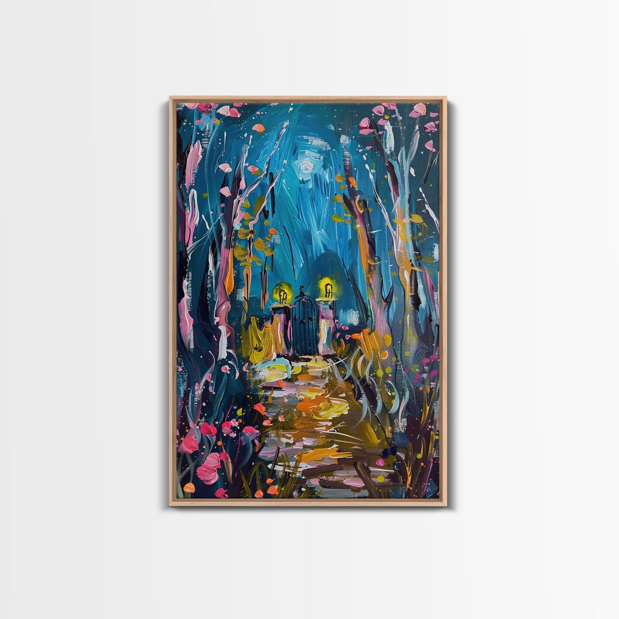 Mystical Cemetery with Glowing Flowers Framed Canvas Print, Wall Art, Halloween Graveyard Art, Enchanted Forest Decor, Spooky Artwork