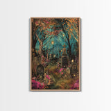 Gate to Haunted Cemetery Framed Canvas Print, Wall Art, Spooky Graveyard Art, Eerie Home Decor, Halloween Forest Painting, Spooky Graveyard