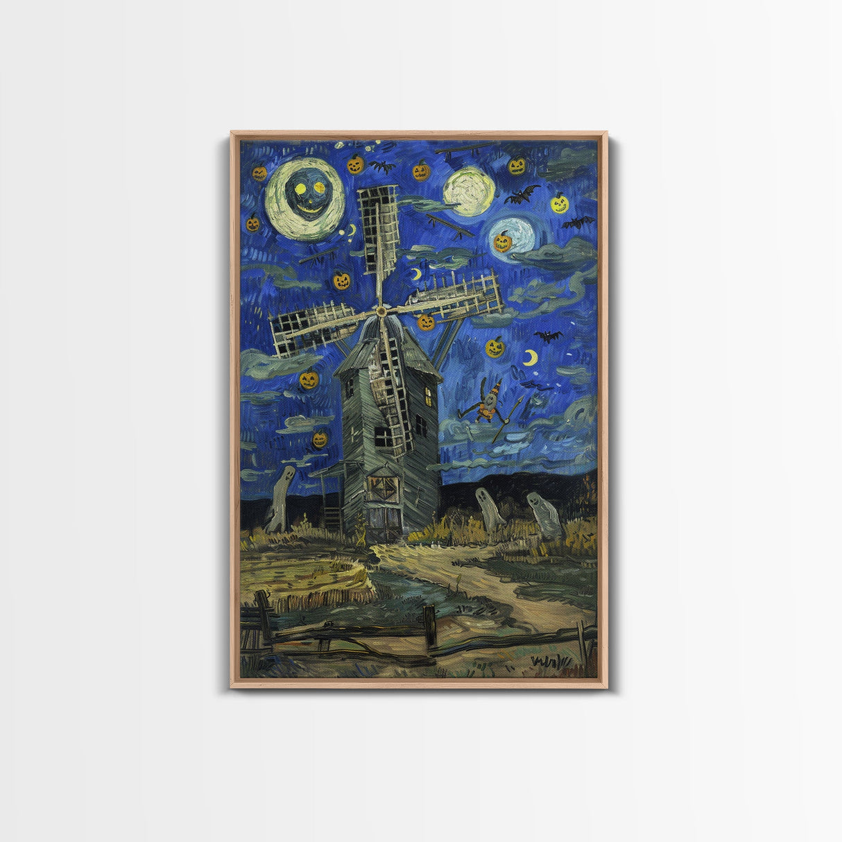 Haunted Railway Station with Pumpkins Framed Canvas Print, Wall Art, Spooky Home Decor, Halloween Train Station Art, Eerie Painting