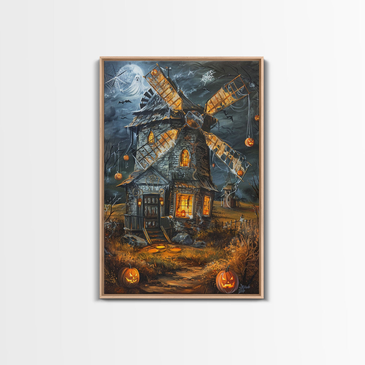 Spooky Windmill with Pumpkins Framed Canvas Print, Wall Art, Halloween Home Decor, Haunted Windmill Painting, Eerie Artwork, Halloween