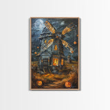 Spooky Windmill with Pumpkins Framed Canvas Print, Wall Art, Halloween Home Decor, Haunted Windmill Painting, Eerie Artwork, Halloween