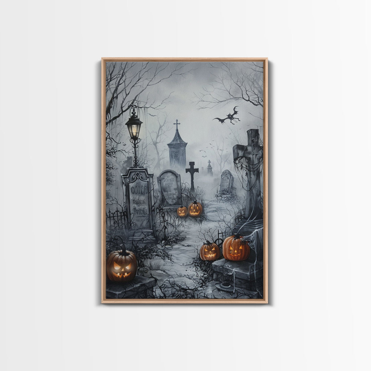 Eerie Graveyard with Pumpkins Framed Canvas Print, Halloween Wall Art, Spooky Cemetery, Home Decor, Gothic Artwork, Living Room Art, Creepy