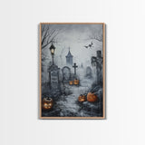 Eerie Graveyard with Pumpkins Framed Canvas Print, Halloween Wall Art, Spooky Cemetery, Home Decor, Gothic Artwork, Living Room Art, Creepy