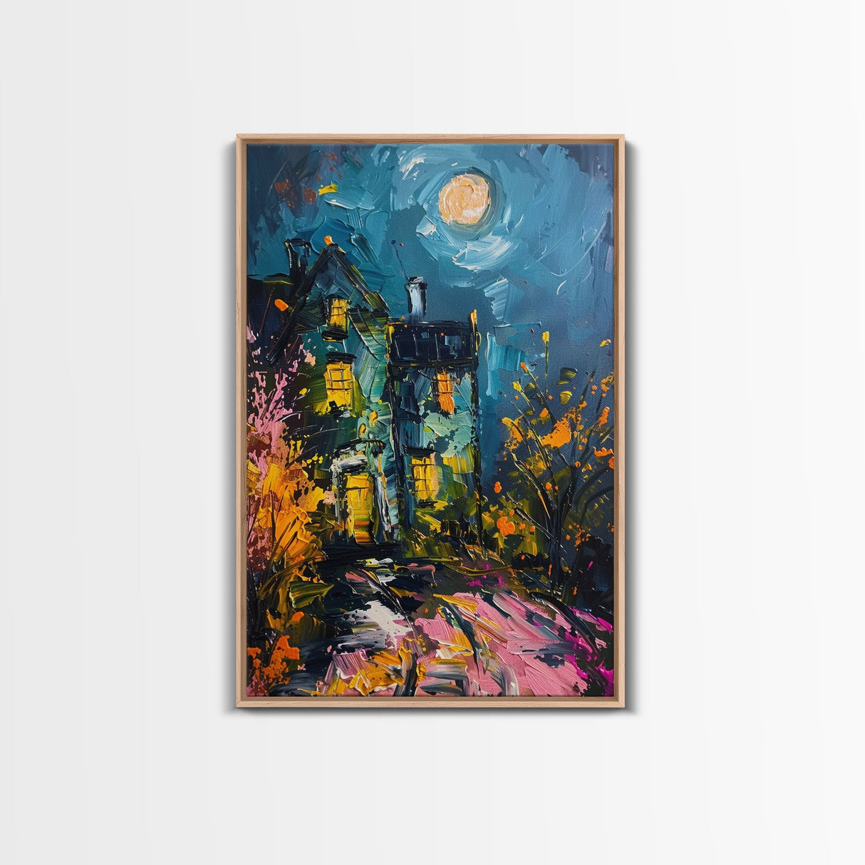 Haunted House with Glowing Windows Framed Canvas Print, Halloween Wall Art, Spooky Art, Home Decor, Living Room Decor, Gothic Artwork