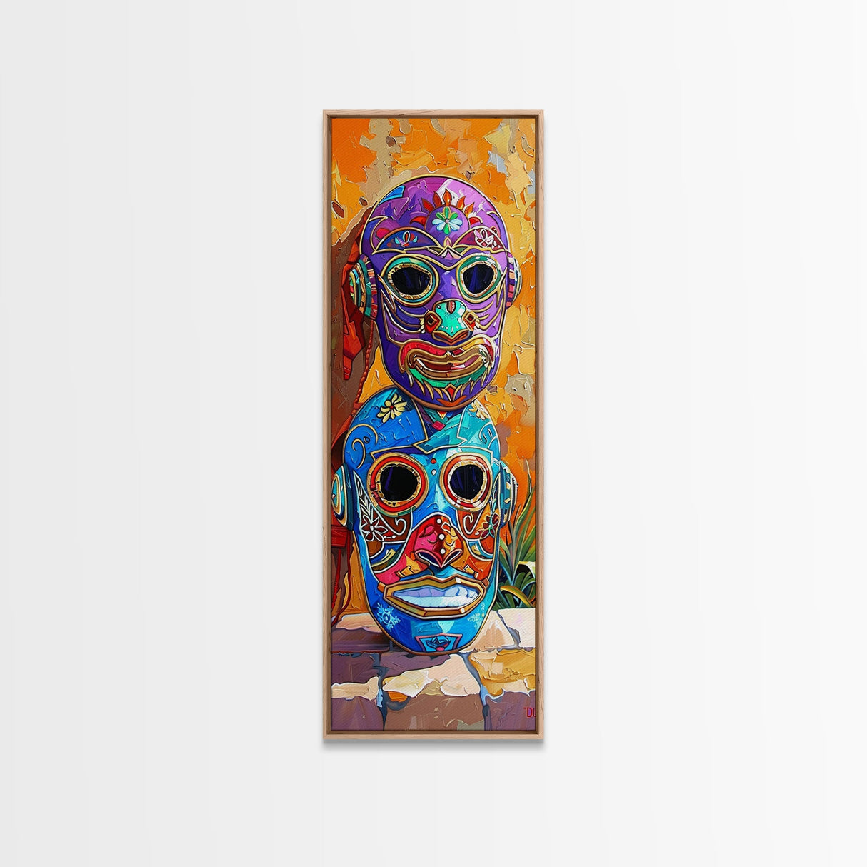 Colorful Tribal Art Painting Framed on Canvas, Spanish Style Canvas Painting, Vertical Framed Art for Living Room, Modern Canvas Art