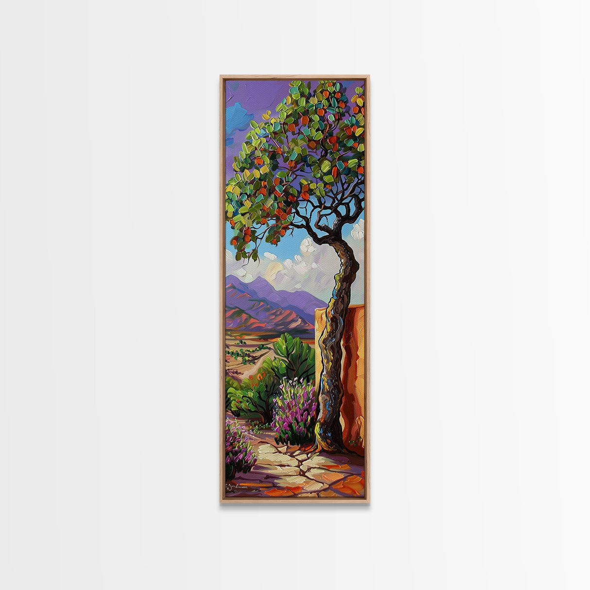 Oversized Texture Mountain Landscape Art Framed and Printed on Canvas, Vertical Impasto Painting on Canvas, Skinny Bedroom Wall Art