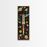 Space Exploration Art with Planets - Framed Canvas Print, Midcentury Modern Skinny Art, Tall Wall Art for Living Room or Bedroom Decor