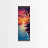 Coastal Sunset Palm Trees Midcentury Modern Art - Framed Canvas Print, Boho Art, Skinny Art, Living Room Art, Bedroom Decor, Tropical Landscape