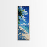 Crystal Clear Waters And Palm Trees On A Sandy Beach Skinny Art Framed Canvas Print For Bedroom Or Guest Room Decor