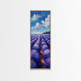Expansive Lavender Fields Under a Bright Sky, Skinny and Tall Art, Bold Framed Canvas Print, Landscape Wall Art