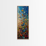 Burst of Colorful Butterflies in a Floral Meadow, Skinny and Tall Art, Energetic Framed Canvas Print, Vibrant Wall Art