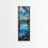 Framed Canvas Print Skinny Art of a Clear Lake Surrounded by Pine Trees with Majestic Mountains in the Distance Under a Blue Sky, Ideal Tall Landscape Art