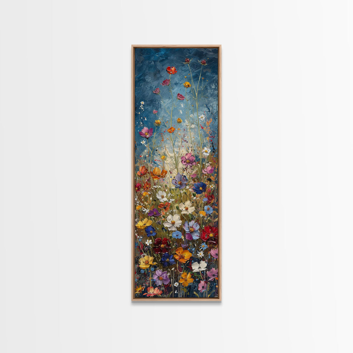 Wildflowers Blooming Against a Dramatic Sky in a Lush Meadow on a Framed Canvas Print Tall Art Piece